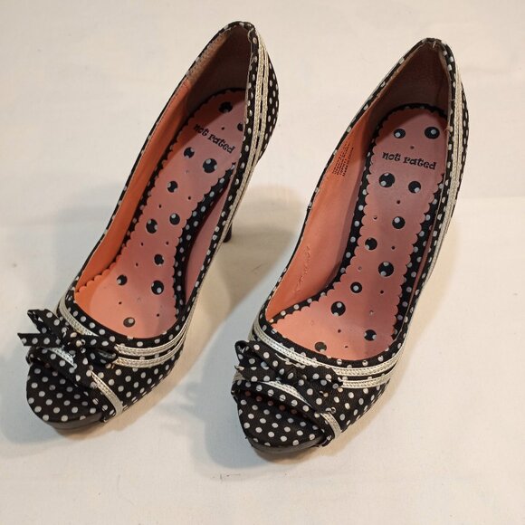 NOT RATED FABRIC PEEP TOE HIGH HEELS POLKA DOT BLUE WHITE WOMEN SIZE 10 - Picture 1 of 8